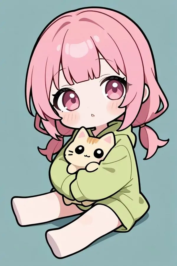 19 Cô bé tóc hồng ôm mèo đen trong avatar chibi nền xanh, dáng ngồi thoải mái và nụ cười nhỏ nhìn cực thân