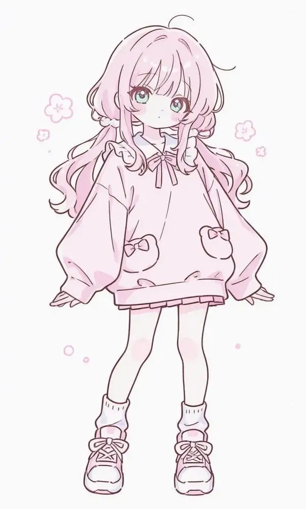 31 Tạo hình chibi girl tóc xanh pastel ngồi trên đám mây nhỏ, váy trắng xòe và nụ cười hiền tạo cảm giác nhẹ tênh