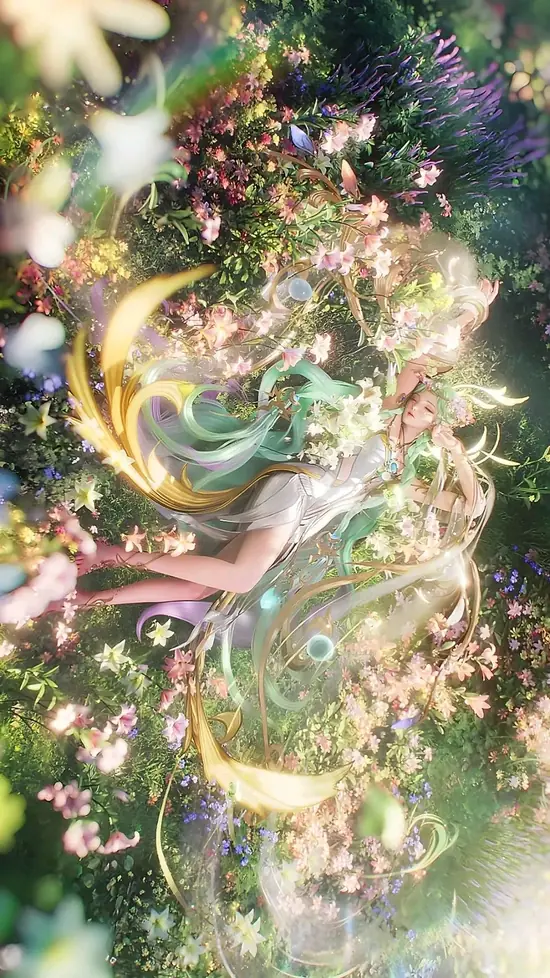 Trên sân thượng ngập nắng, Hatsune Miku nghiêng đầu mỉm cười trong váy xanh, tóc đôi bay nhẹ giữa nền trời trong.