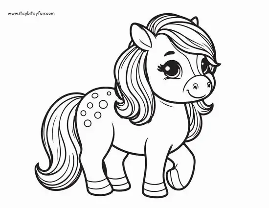 24 Pony đốm nhỏ có bờm dài uốn cong, đôi mắt lém lỉnh và chiếc đuôi mượt trong bản thảo tô màu Pony ngọt ngào