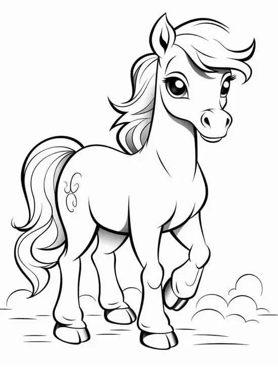 15 Cô ngựa Pony đang nhấc chân bước đi, bờm dài gợn sóng, đôi mắt sáng và đuôi rủ mềm duyên dáng