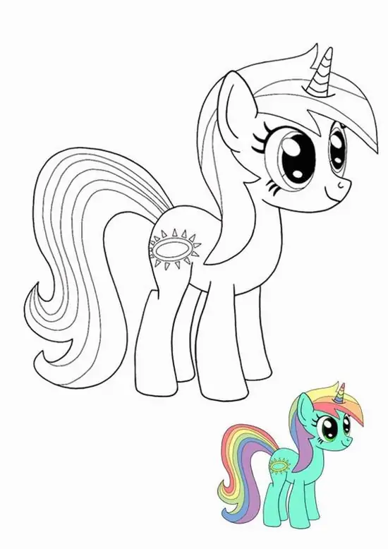 18 Ngựa Pony phong cách hoạt hình đứng nghiêng, bờm cầu vồng uốn mềm, mắt to lấp lánh và biểu tượng mặt trời trên hông