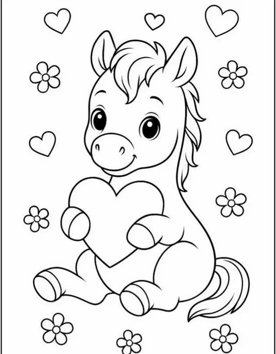 19 Mẫu in trang tập tô màu Pony đang ôm trái tim lớn, khuôn mặt vui tươi, xung quanh có hoa và tim nhỏ