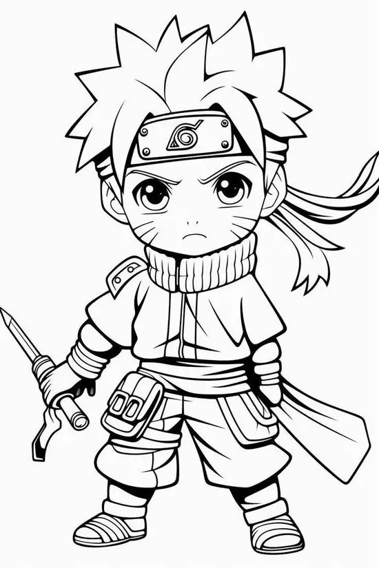 32 Cậu bé ninja mặc trang phục truyền thống tay cầm kiếm ngắn đang đứng thủ thế với thần thái vô cùng tự tin và nhanh nhẹn.