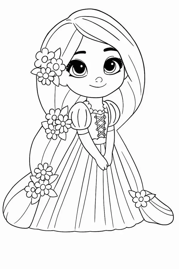 18 Rapunzel cười tươi bên bó hoa, chú Pascal đứng dưới chân nhìn lên với đôi mắt tròn tinh nghịch