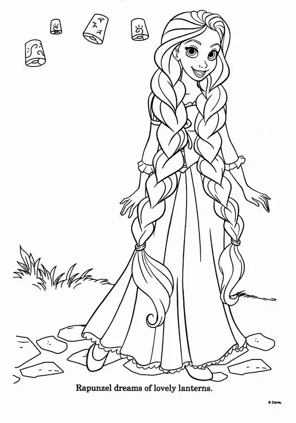 24 Rapunzel ôm mái tóc dài trước ngực, chiếc váy tím có tay phồng và cổ áo viền mềm mại
