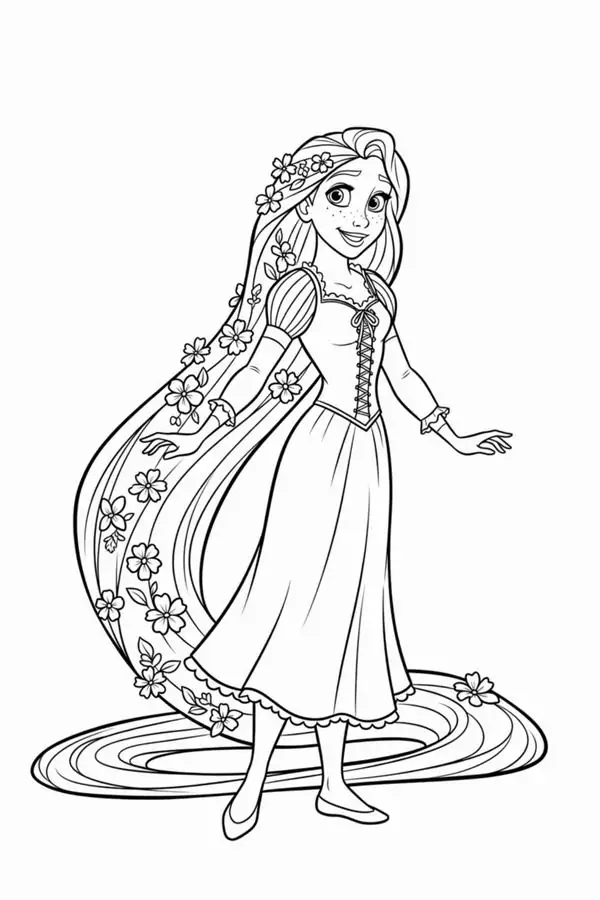 22 Rapunzel cầm cọ vẽ trước bức tường trang trí, nét mặt thích thú và mái tóc dài quấn quanh chân