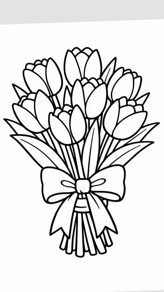 23 Bó hoa tulip bọc bằng giấy lụa thắt ruy băng gọn gàng là mẫu vẽ lý tưởng để các bạn nhỏ làm quà tặng mẹ ngày lễ.