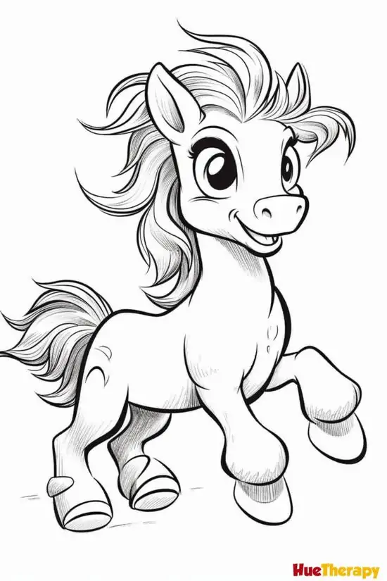 31 Tô tranh nàng Pony đứng trước trường học phép thuật, bờm chải lệch dịu dàng, đôi mắt hiền và chiếc túi nhỏ