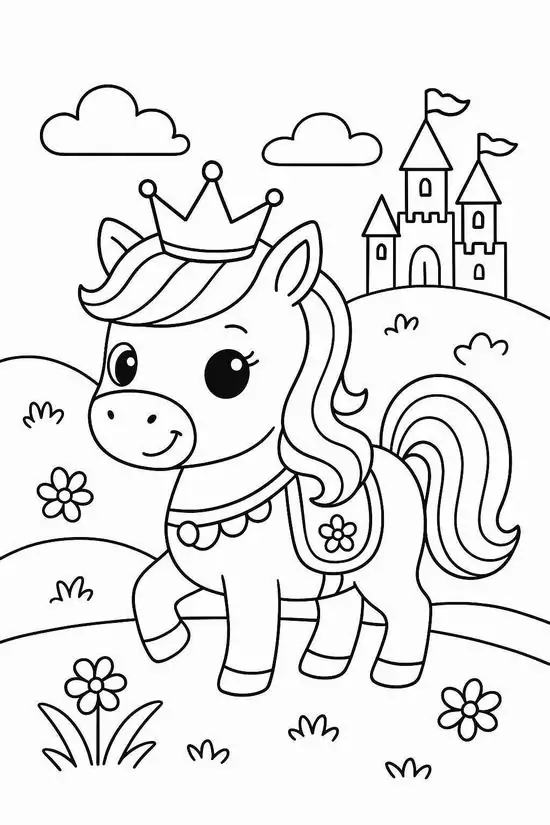 35 Chú Pony đang kéo xe hoa, bờm tết gọn, đuôi buộc nơ và biểu cảm hào hứng trong ngày hội
