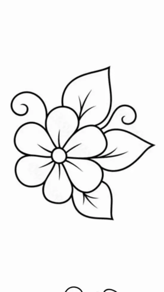 2 Bông hoa năm cánh nằm giữa tờ giấy trắng, đường viền bản to giúp bé dễ tô nhụy, cánh và lá cây