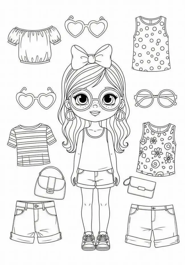 21 Cô bé kính cận dễ thương đứng giữa các món phụ kiện sành điệu như mắt kính mát, băng đô nơ và quần lửng năng động.