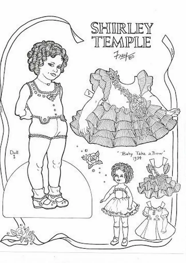 22 Búp bê giấy phong cách cổ điển mang tên Shirley Temple có mái tóc xoăn tít đứng cạnh chiếc đầm xòe lộng lẫy trong một tranh tô màu thời trang giấy độc đáo.