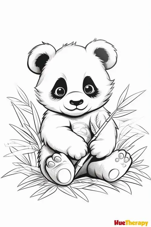 25 Tranh bé tập tô màu chú gấu trúc nhỏ đang ngồi gặm măng non trên thảm cỏ rèn luyện tính kiên nhẫn cho con.