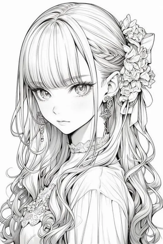 10 Tải hình tô màu thiếu nữ anime có mái tóc dài gợn sóng cài băng đô hoa hồng lớn bồng bềnh cùng đôi bông tai ngọc trai lấp lánh.