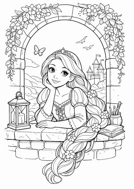 11 Công chúa Rapunzel có mái tóc mây dài bất tận đang ngồi bên khung cửa sổ lâu đài đầy hoa, mắt nhìn xa xăm chờ đợi hoàng tử.