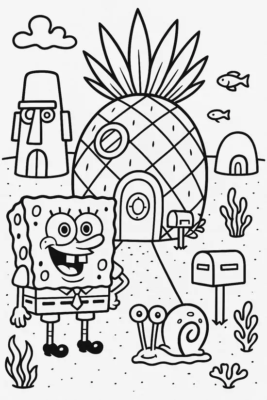 9 Tải hình tô màu chú bọt biển tinh nghịch SpongeBob đứng cười tươi roi rói cạnh ngôi nhà quả dứa độc đáo sâu dưới đáy đại dương bao la.