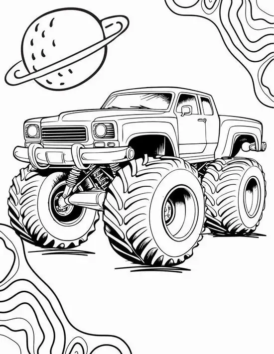 16 File in rõ nét chiếc xe tải quái vật Monster Truck có bốn bánh khổng lồ đang vượt qua những ngọn đồi nhấp nhô đầy thách thức.