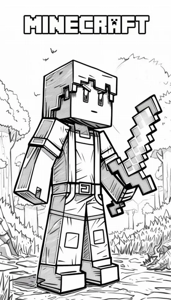 6 Trang tập tô màu nhân vật khối vuông Minecraft cầm thanh kiếm sắc bén hiên ngang đứng giữa khu rừng rậm rạp hoang sơ đầy bí ẩn.