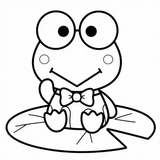 9 Tải hình tô màu Keroppi ngồi trên lá sen, đôi mắt lớn nhìn thẳng, nơ cổ nhỏ và nụ cười thật hiền
