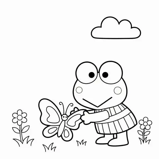 11 Giữa vườn hoa, Keroppi mặc áo ấm đứng cạnh bướm lớn, gương mặt hiền hòa dưới đám mây nhỏ xinh
