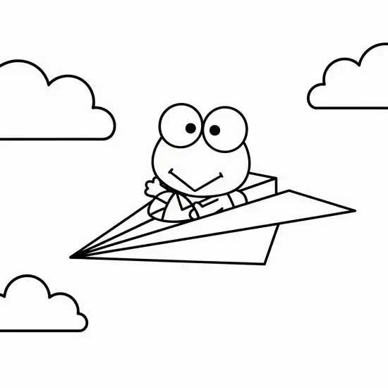 1 Tranh tô màu Keroppi ngồi trên máy bay giấy, mắt tròn vui vẻ, cổ áo nhỏ bay giữa những đám mây trắng