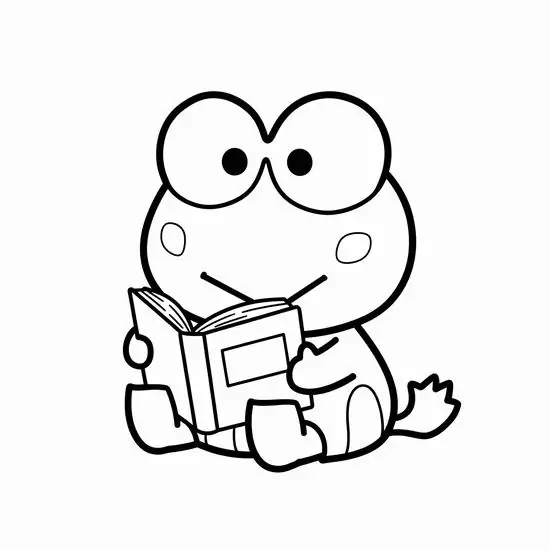 3 Đôi mắt chăm chú của Keroppi nổi bật trong hình vẽ nét Kerokerokeroppi khi chú ngồi đọc sách, cầm bút thật nghiêm túc
