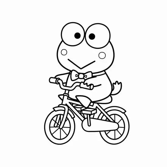 8 Keroppi đạp xe đạp với hai tay giữ ghi đông, mắt mở lớn, áo nhỏ gọn làm tranh tô màu ếch Keroppi thêm năng động