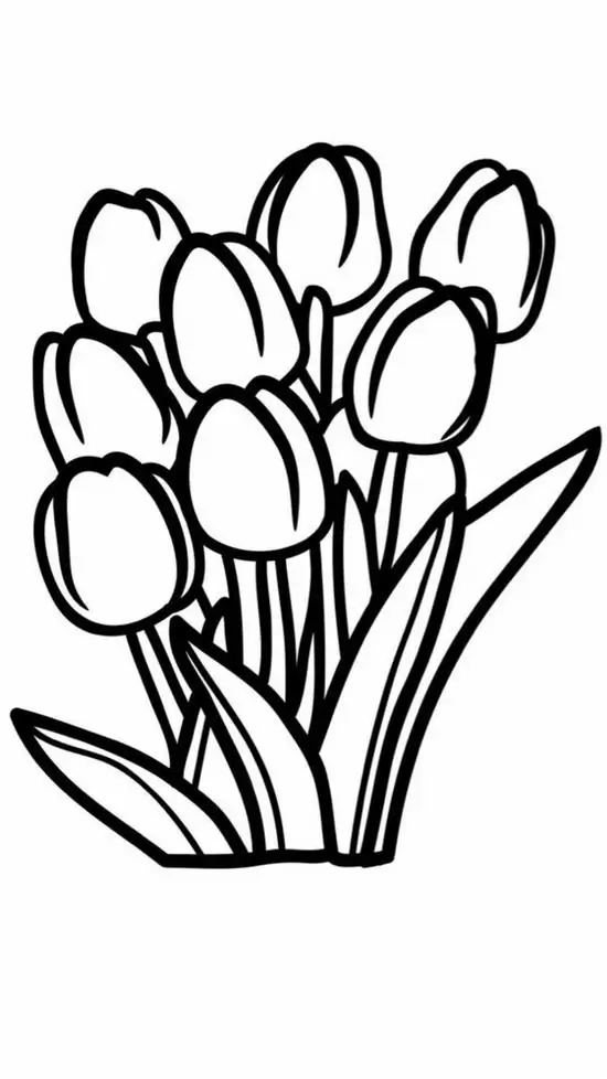 16 Các búp hoa tulip xếp sát nhau thẳng đứng vươn mình đón nắng ban mai được thể hiện qua tranh nét đen thực vật rõ ràng sắc nét.