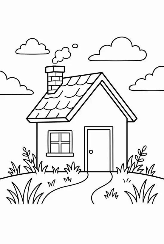 14 Những đám mây bồng bềnh lơ lửng phía trên đỉnh mái tam giác của căn nhà nhỏ có lối đi bằng đất mộc mạc giữa đồng nội.