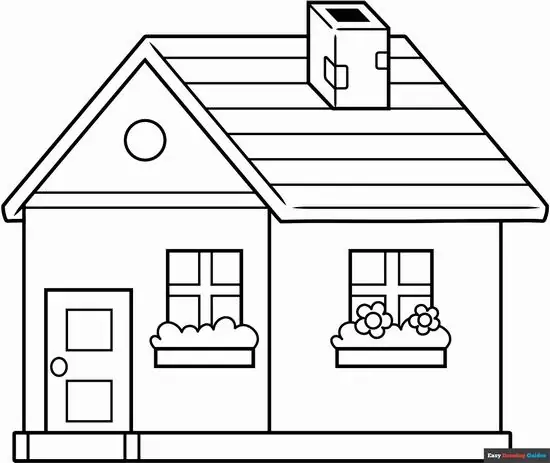 1 Tranh tô màu ngôi nhà đơn giản sở hữu chiếc ống khói nhỏ cùng hai ô cửa sổ có bồn hoa xinh xắn đặt ngay mặt tiền.