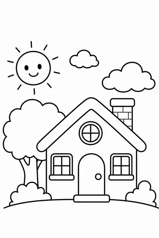 7 Trang tập tô màu khắc họa mái ấm nhỏ nhắn với ông mặt trời đang mỉm cười rạng rỡ tỏa ánh nắng ấm áp xuống thảm cỏ.