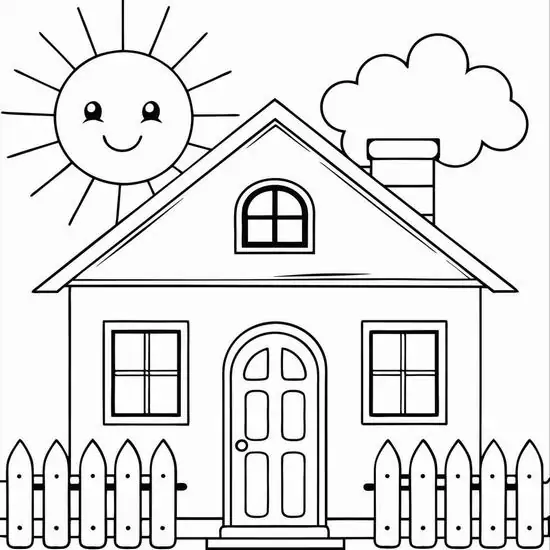 8 Hàng rào gỗ bao quanh khuôn viên sân vườn nhỏ nhắn trong hình vẽ ngôi nhà để tô màu dưới sự chứng kiến của ông mặt trời.