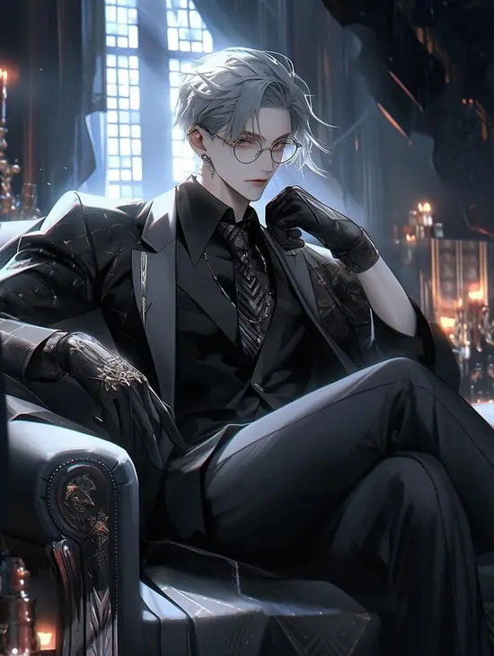 30 Cảnh chụp từ sau lưng cho thấy nam anime đứng trước bàn kính, vai áo rộng và thành phố sáng đèn trải dài ngoài cửa.