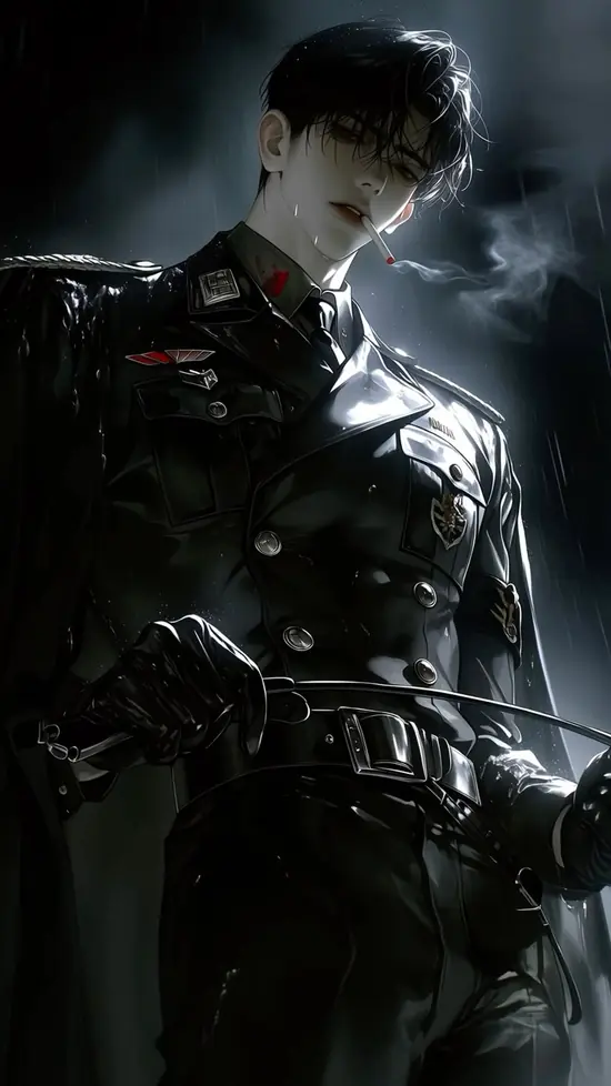 32 Trong sảnh tòa nhà lát đá, nam anime cài khuy vest bằng một tay, ánh mắt nhìn nghiêng và dáng bước rất tự tin.
