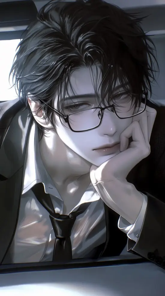 35 Khung hình dọc tập trung vào nam anime mặc suit tối, nền văn phòng mờ phía sau giúp ánh mắt sắc và dáng người nổi bật hơn.