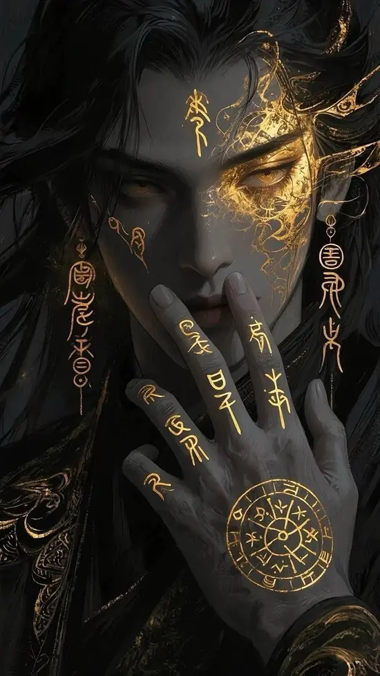 23 Trải dọc cánh tay áo, họa tiết rune phát sáng mờ, nhân vật đưa bàn tay lên nửa mặt, tóc xám rối nhẹ và biểu cảm bình thản đầy uy lực.