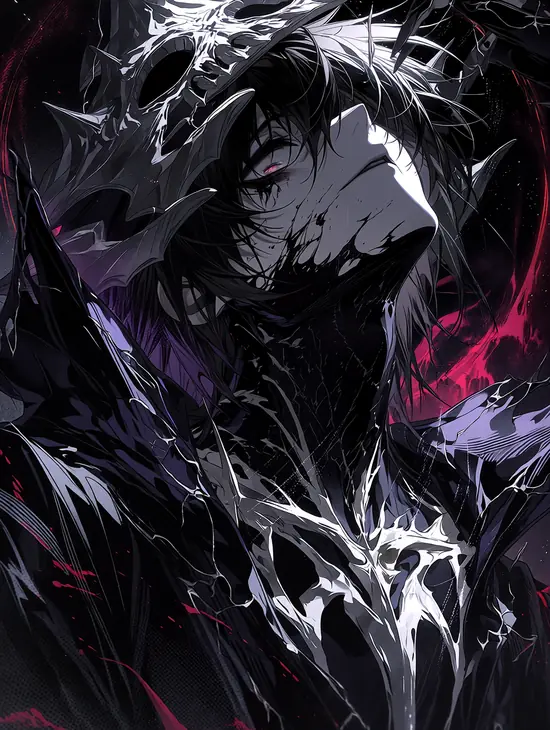 21 Ngọn ánh lửa âm phía sau làm bức hình anime nam phản diện ngầu thêm căng, áo choàng phủ bóng qua đôi vai.