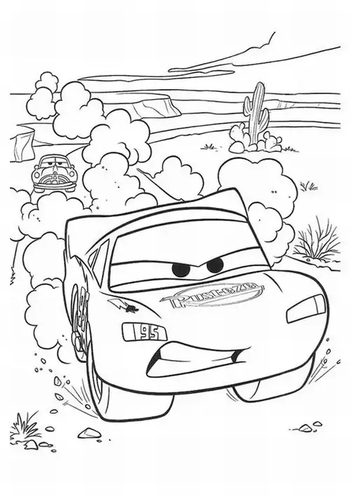 1 Lightning McQueen nghiêng nhẹ trước vạch xuất phát, thân xe sáng màu và nụ cười đầy hào hứng.