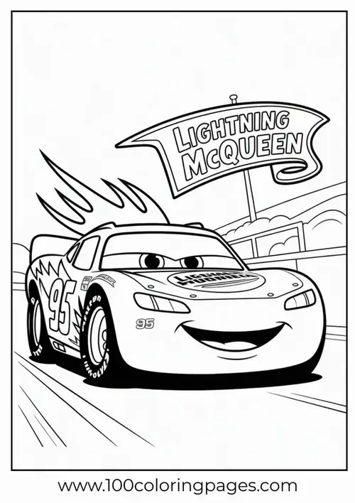 4 Doc Hudson chạy qua khúc cua trong tranh tô màu xe McQueen, bánh trước xoay và bụi bay.