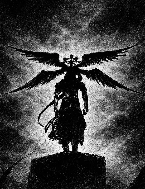 1 Giữa nền trời xám, Lucifer đứng nghiêng với mái tóc rối bạc, áo choàng đen dài, bàn tay siết kiếm và ánh nhìn lạnh buốt hướng thẳng máy ảnh.