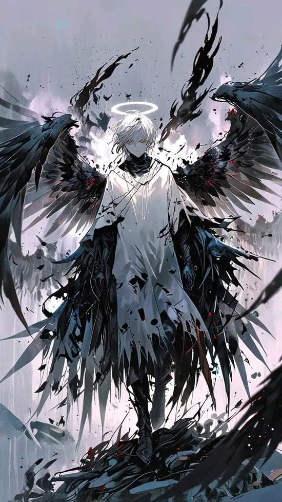 5 Bên dưới mái vòm đá, Beelzebub ngồi vắt chân trên ghế cao, áo choàng xếp lớp, tóc đen vuốt ngược và phong thái anime ác quỷ cực lạnh.
