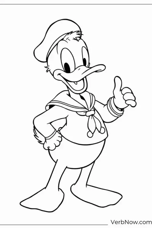 1 Donald Duck đứng chống nạnh bên bàn vẽ, mắt mở to, mặc đồ thủy thủ và cười tinh nghịch.
