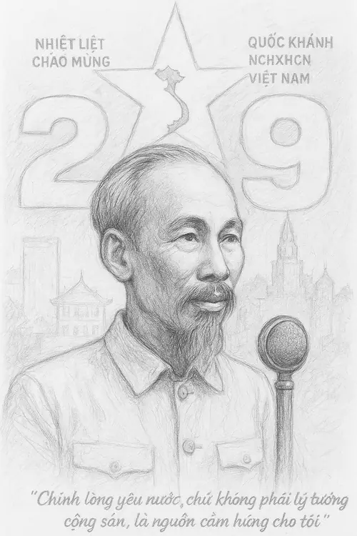 2 Khung cảnh Phủ Chủ tịch hiện lên sau hàng cây, Bác bước chậm bên lối đi và mỉm cười gần gũi.