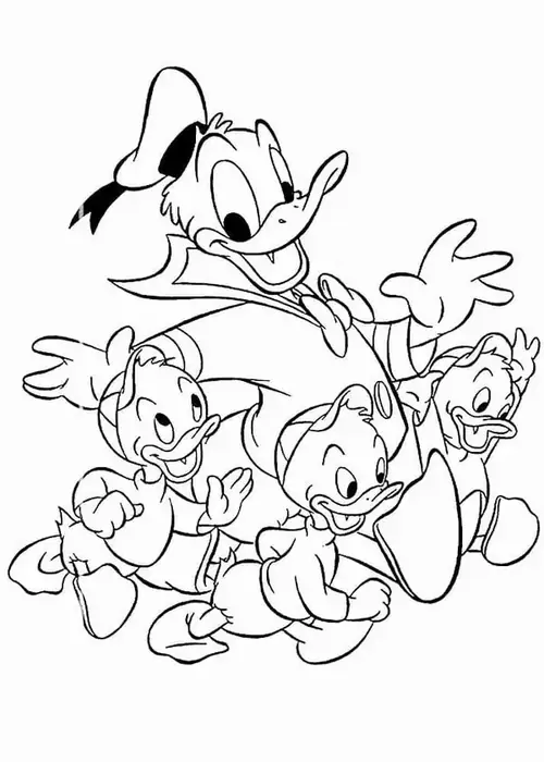 5 Huey, Dewey và Louie chạy quanh tranh tô màu vịt Donald, áo mũ gọn gàng, nét mặt háo hức.