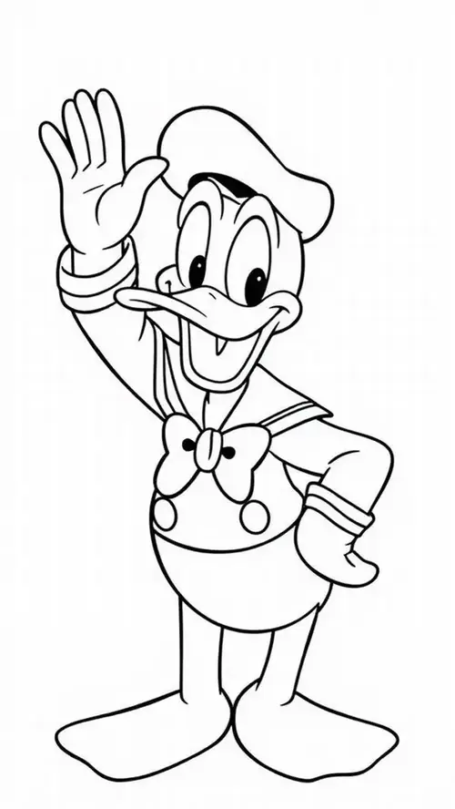10 Duckburg hiện lên sau tranh tô màu vịt Donald với phố nhỏ, biển hiệu, xe đạp và mây tròn.