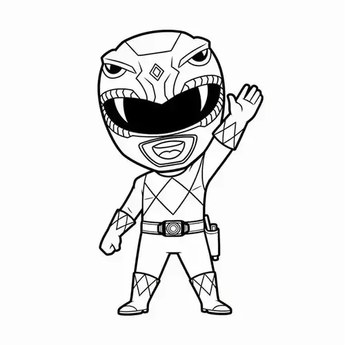 5 Power Rangers xếp hàng hào hứng trong tranh tô màu siêu nhân chibi với trang phục chia mảng rõ.