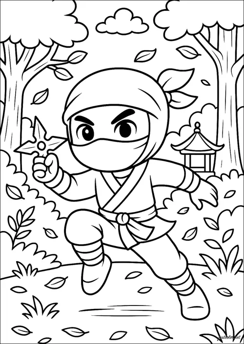 14 Cậu ninja nhỏ bước qua cây cầu gỗ với vẻ gan dạ, phía dưới là dòng suối và những tảng đá tròn.