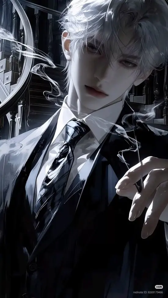 14 Sau lưng là cửa sổ toàn cảnh, nam anime đứng thẳng trong văn phòng cao tầng, ánh phố đêm phủ lên vai áo một lớp sáng mỏng.