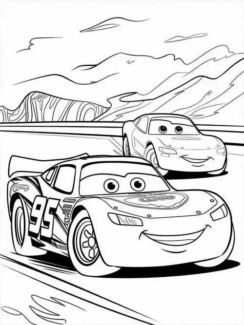 20 Ảnh tô màu Lightning McQueen có phần capô rộng, số xe nổi bật và nền đường đua thoáng.